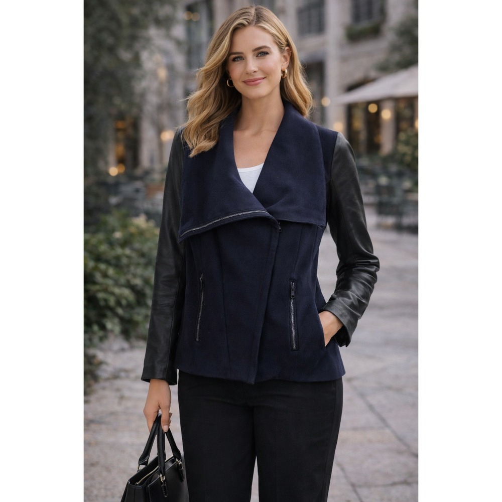 Lamarque Emma Jacket Womens S Blue Black Leather Sleeve Moto Casual Classic Moto